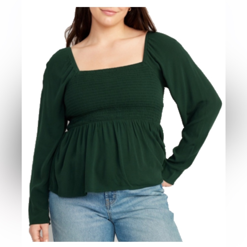 Old Navy Forest Green Long Sleeve Smocked Bodice Peplum Blouse size smalll